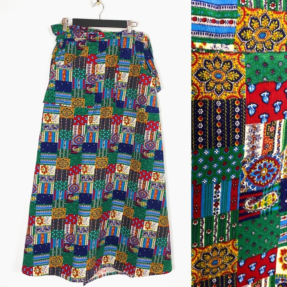 Vtg Handmade Corduroy Patchwork print Wrap Maxi Skirt Colorful Womens size M